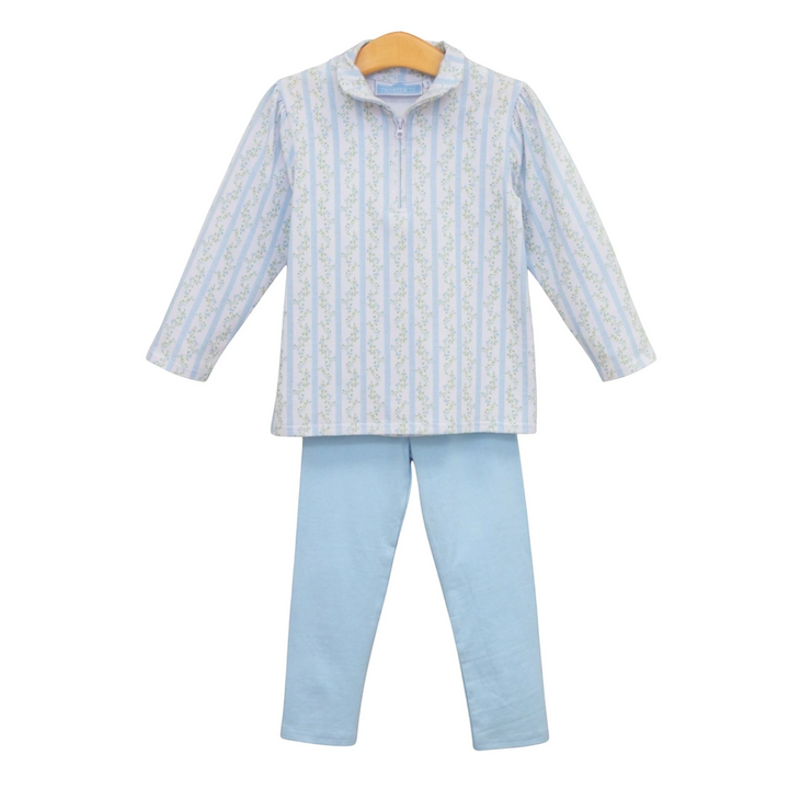 That Store girls 1/4 zip pullover set in light blue with floral stripe print and matching cotton leggings