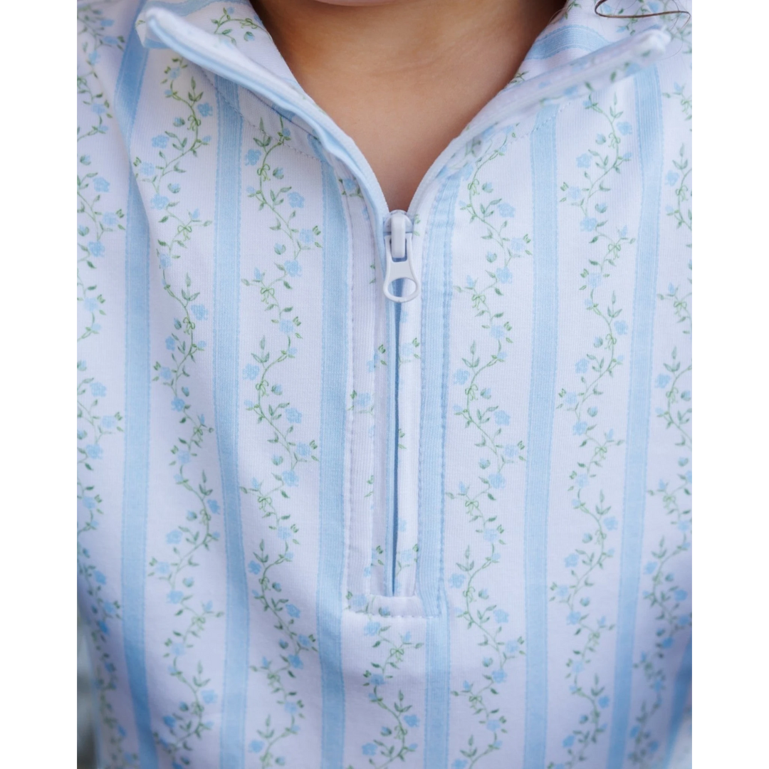 That Store girls 1/4 zip pullover in white with blue floral stripes and soft cotton-spandex blend fabric