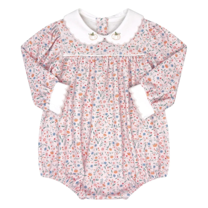 That Store girls long sleeve bubble romper in pink Pumpkin Grove floral print with pumpkin embroidery on the collar.