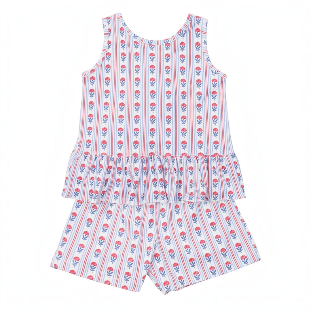 That Store girls' two-piece short set in 100% Peruvian cotton with a red and blue liberty floral stripe pattern.