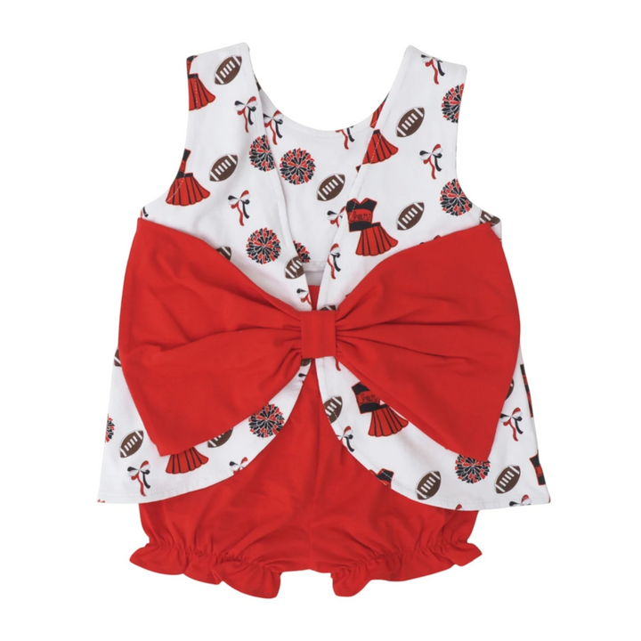 That Store girls varsity red and white bloomer set featuring a football print and a large red back bow detail.