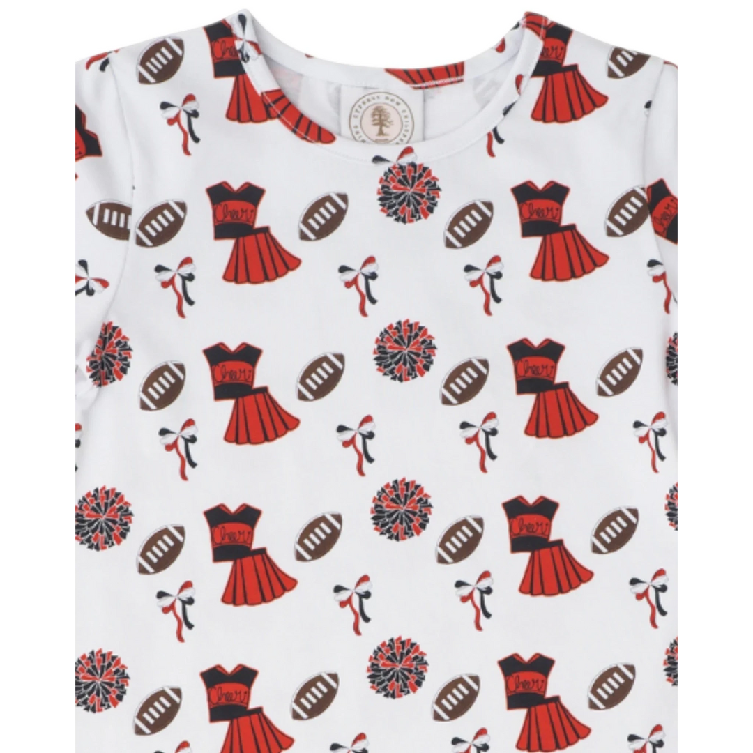 That Store girls swing dress in white featuring a red and black football, pom pom, and cheer uniform print.