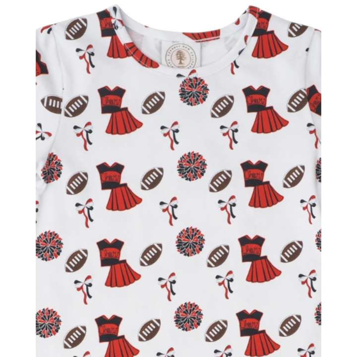 That Store girls swing dress in white featuring a red and black football, pom pom, and cheer uniform print.