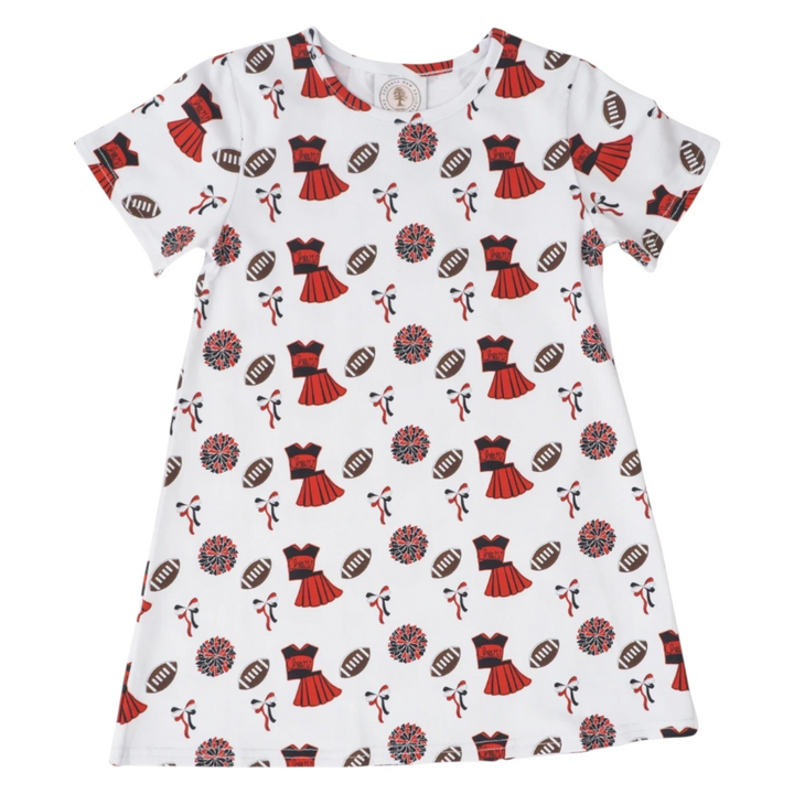 That Store girls A-line swing dress in white with red and black football, pom pom, and cheer uniform print