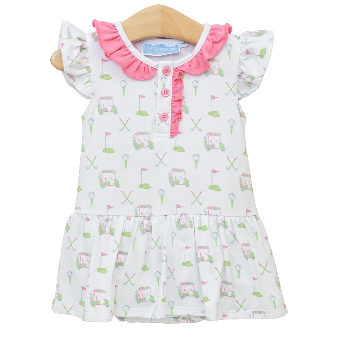 That Store girls pink and white skirted bubble romper featuring a golf-themed print with ruffles and button placket
