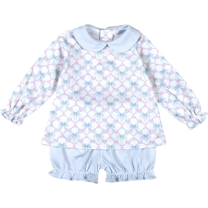 That Store girls Pima cotton bloomer set featuring a blue bow and pink rose print with a Peter Pan collar