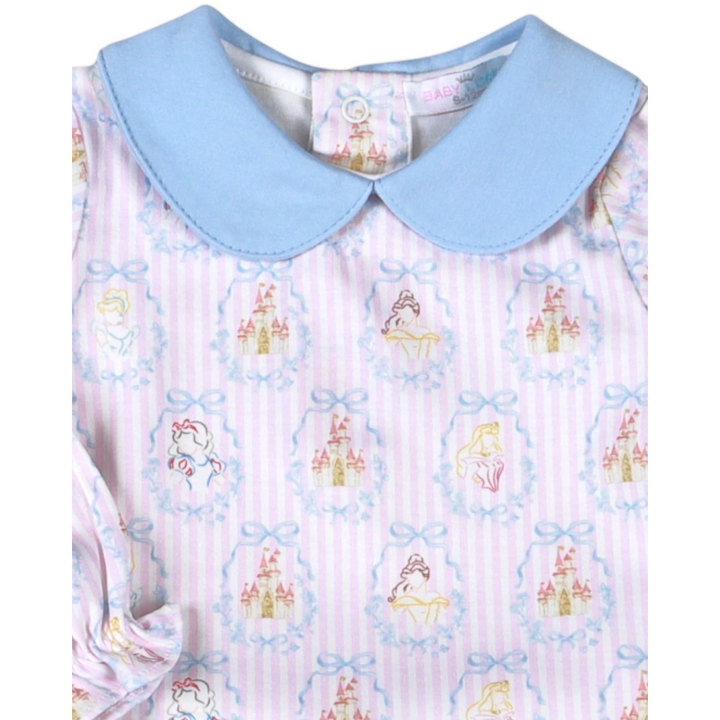 That Store Pima cotton girls bloomer set featuring a blue scallop collar and pink striped princess castle print