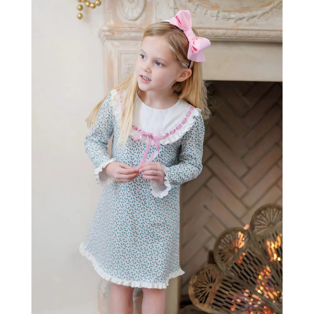 That Store Emersyn girls' vintage pima cotton dress with lace trim, white collar, and pink velvet ribbon bow