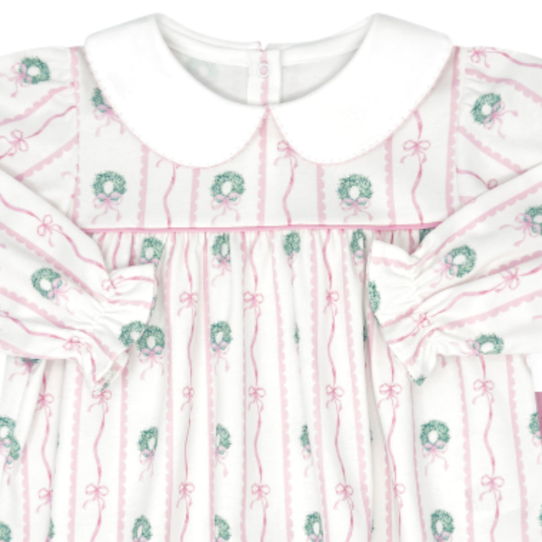 That Store girls knit swing top with white collar and pink boxwood wreath and bow print for holiday outfits