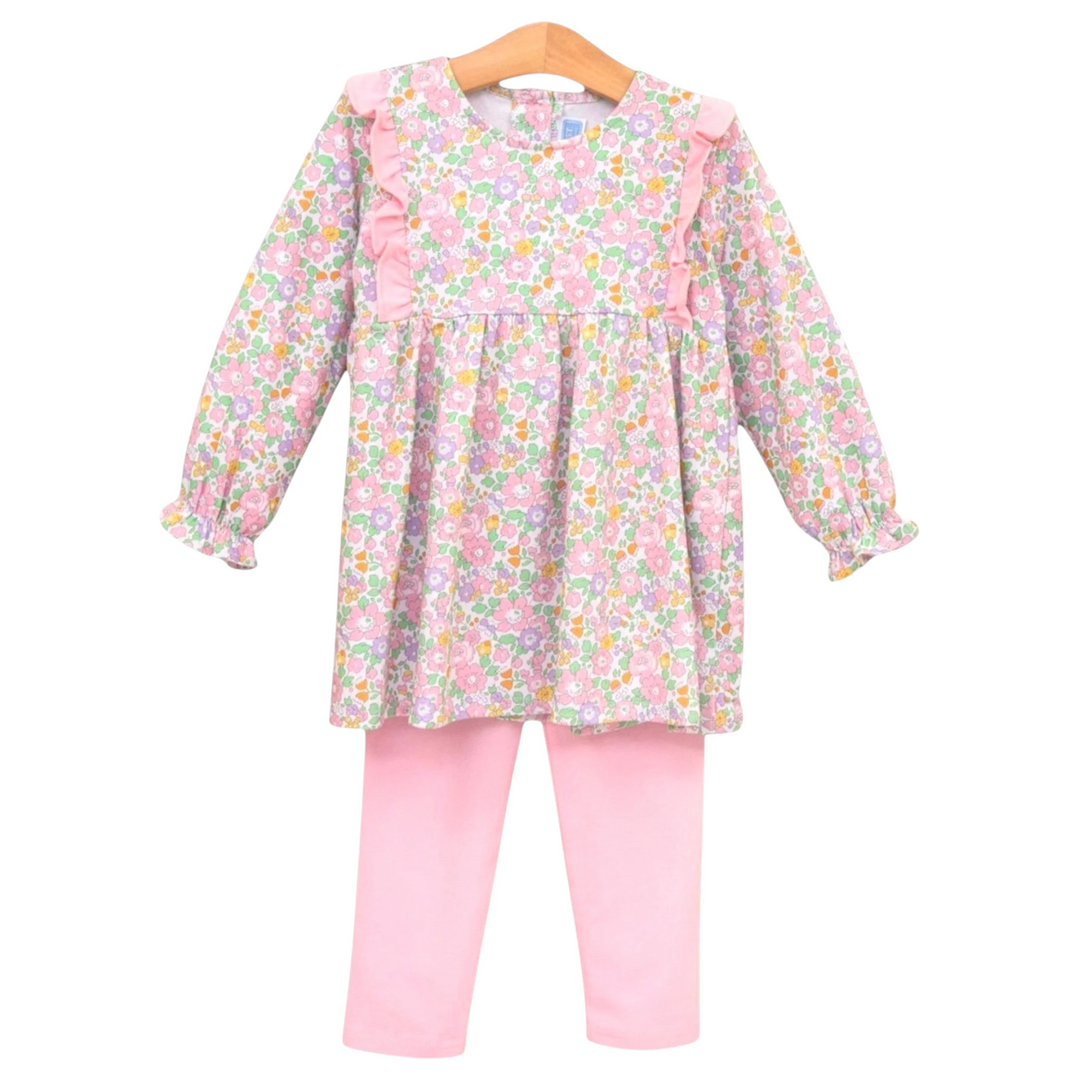 That Store girls pink floral tunic and leggings pant set in soft cotton blend with ruffle shoulder details