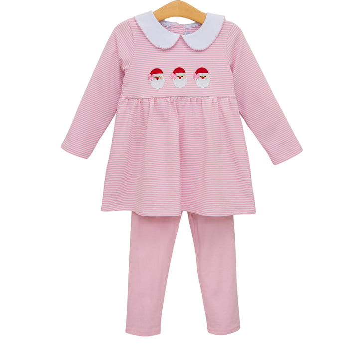That Store girls pink stripe pant set with white collar and three Santa appliques in soft cotton blend fabric