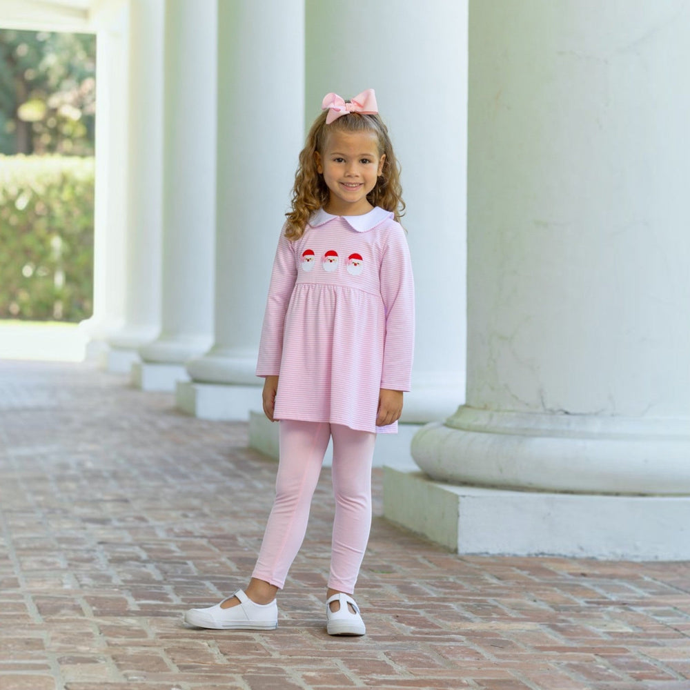 That Store girls pink stripe pant set featuring a Santa trio applique, white collar, and matching pink leggings.