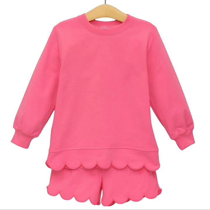That Store Sophia girls pink two-piece set with long sleeves and delicate scalloped hem details on top and shorts.