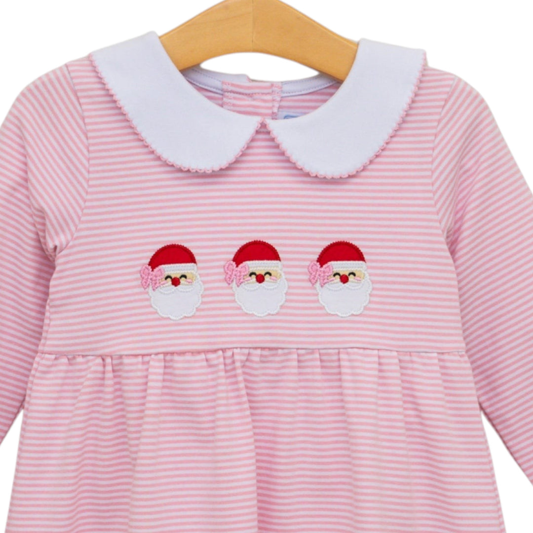 That Store girls pink stripe Christmas pant set with white peter pan collar and three embroidered Santa appliques