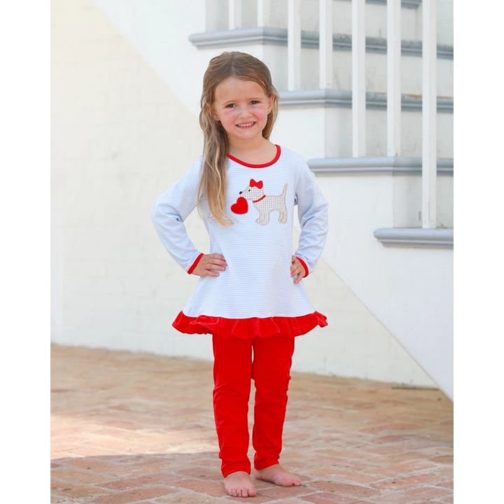 That Store girls pants set featuring a blue striped long-sleeve top with puppy graphic and red ruffled hem and pants