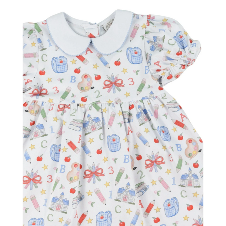 That Store girls red and multi-colored school supplies print dress with a classic Peter Pan collar