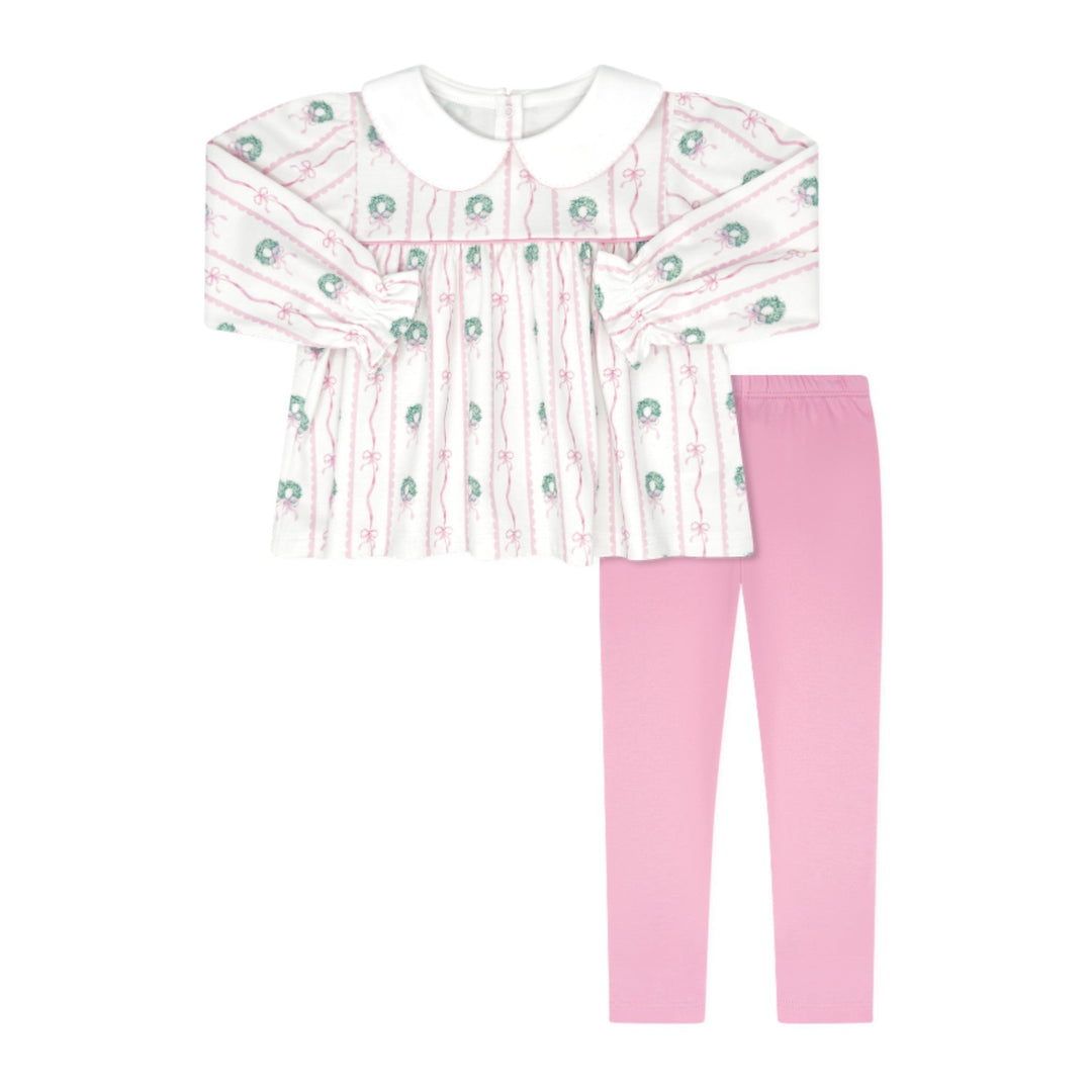 That Store girls swing top and pink leggings set featuring a white top with pink bows and green wreath print.