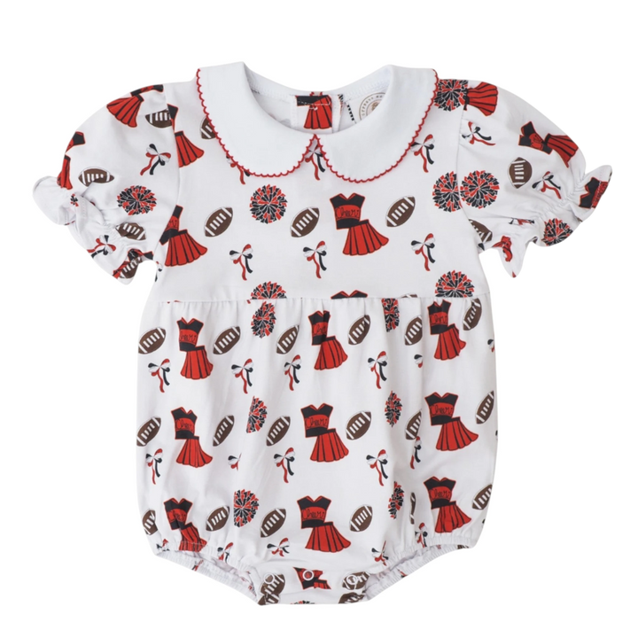That Store girls bubble romper in white with red and black varsity cheerleading, football, and pom-pom print