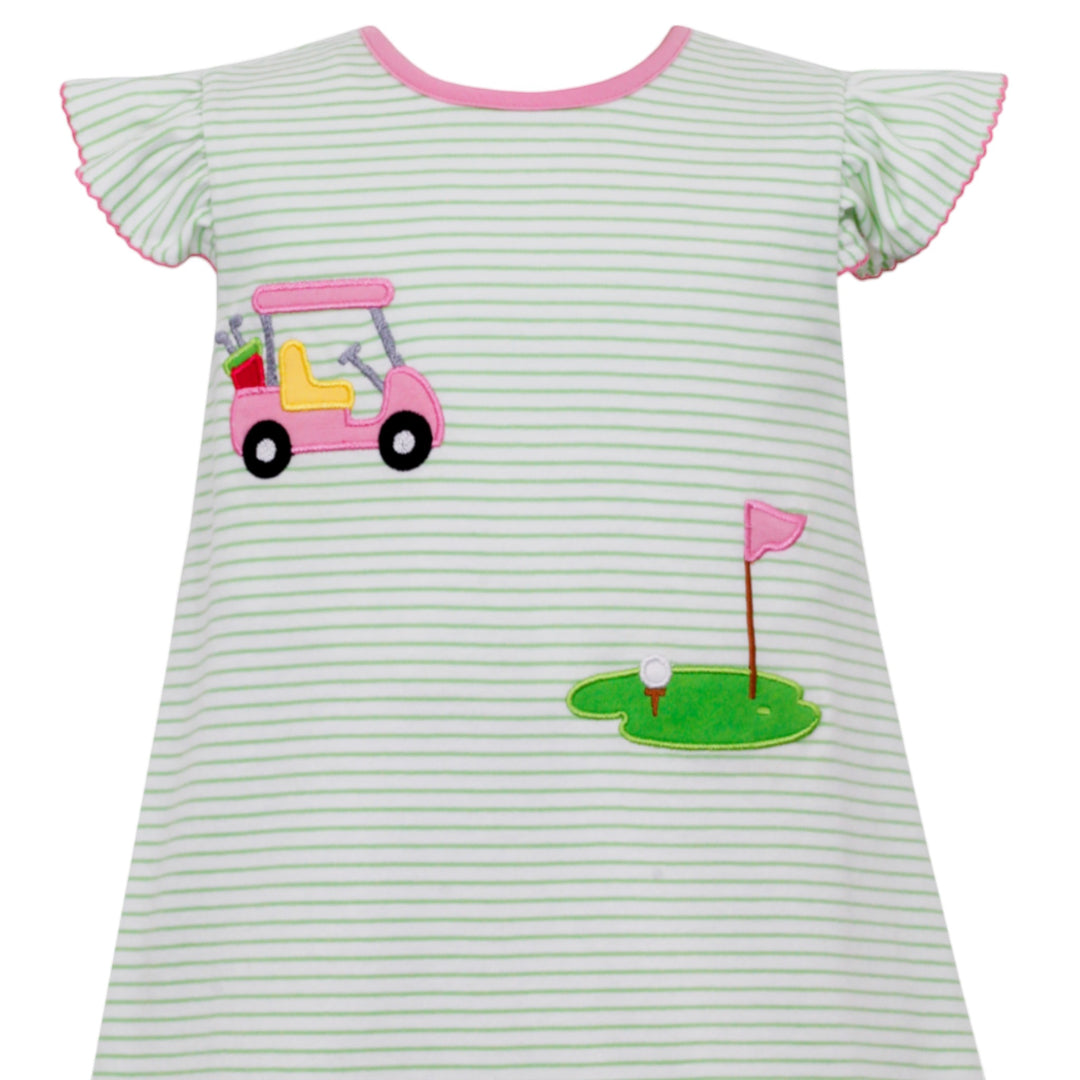 That Store green striped knit dress for girls featuring pink golf cart and putting green appliques and ruffled sleeves.