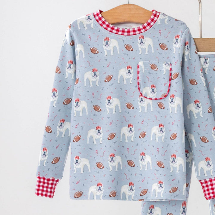 That Store gray organic cotton kids pajamas featuring a bulldog and football print with red gingham trim