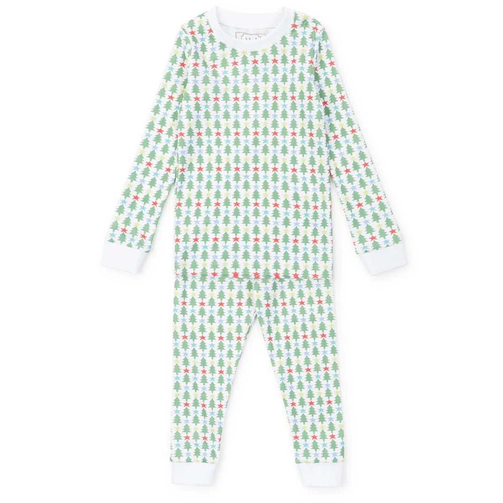 That Store Grayson pajama set in white with green Christmas trees and colorful stars, made from soft Pima cotton.