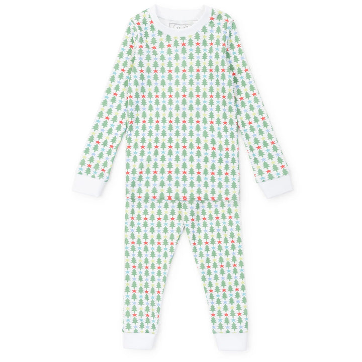That Store Grayson pajama set in white with green Christmas trees and colorful stars, made from soft Pima cotton.