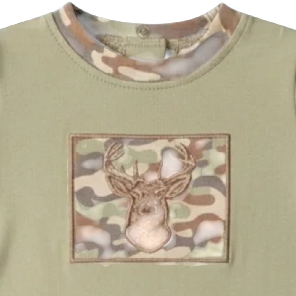 That Store boys green cotton romper featuring a camo deer head applique and camo trim on the neckline