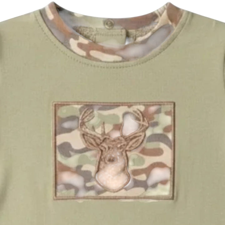 That Store boys green cotton romper featuring a camo deer head applique and camo trim on the neckline
