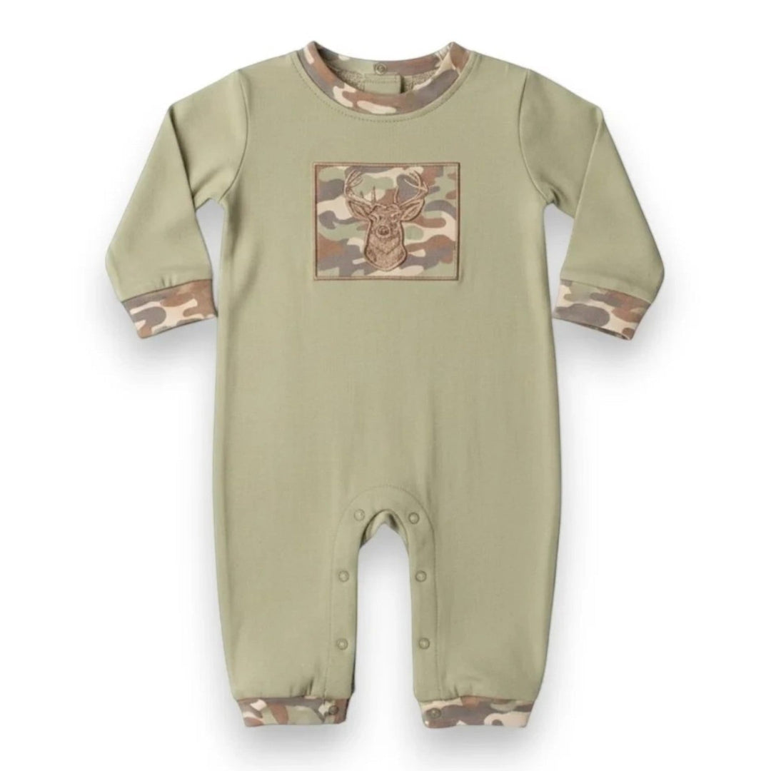That Store boys green cotton romper featuring a deer applique and camo print trim on the collar and cuffs.