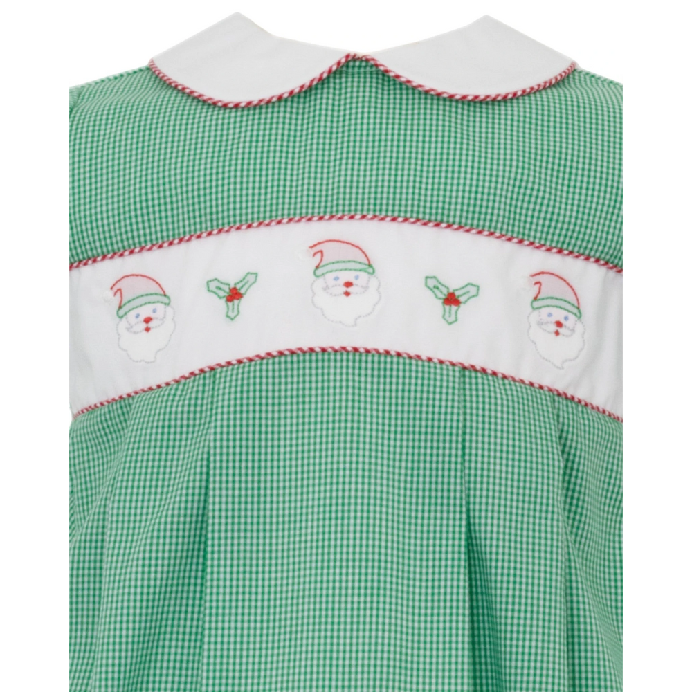 That Store green gingham check bubble featuring a white smocked panel with embroidered Santa faces and holly leaves