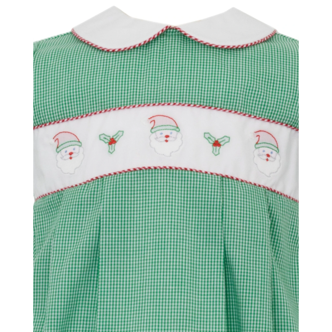 That Store green gingham check bubble featuring a white smocked panel with embroidered Santa faces and holly leaves