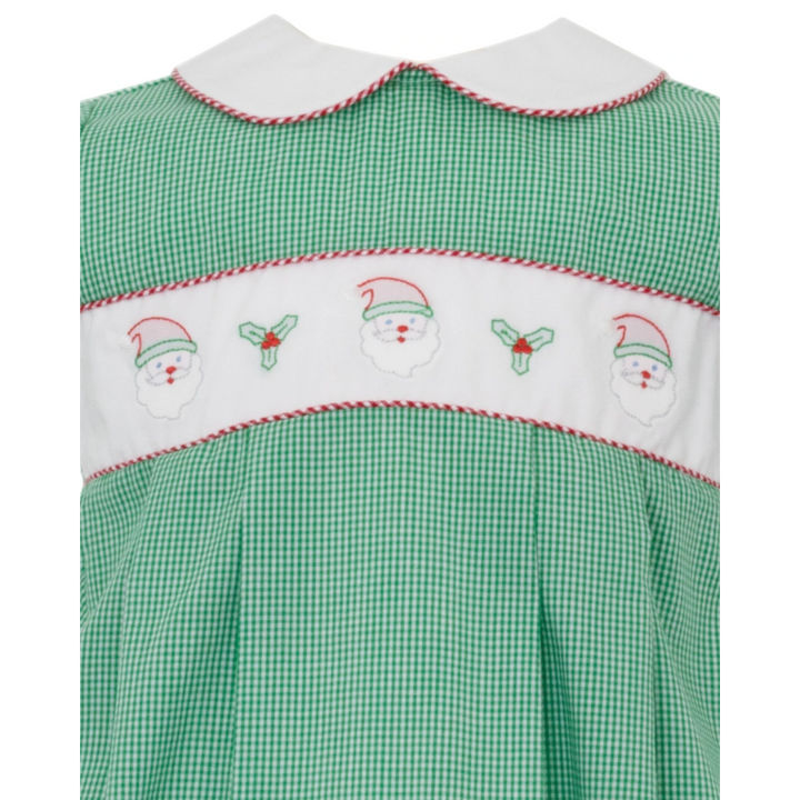 That Store green gingham check bubble featuring a white smocked panel with embroidered Santa faces and holly leaves