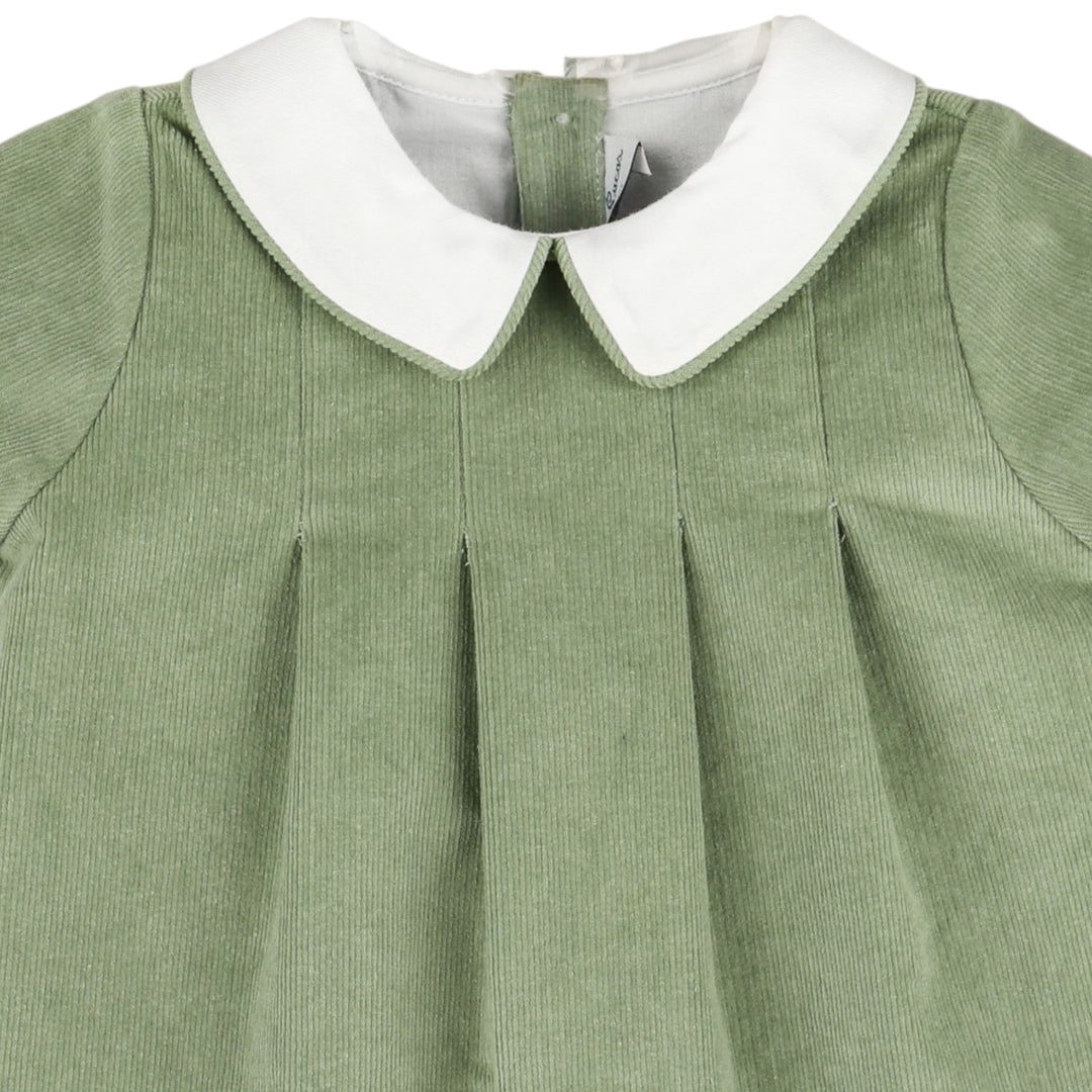 That Store boys green corduroy bubble with a white Peter Pan collar and pleated front detail