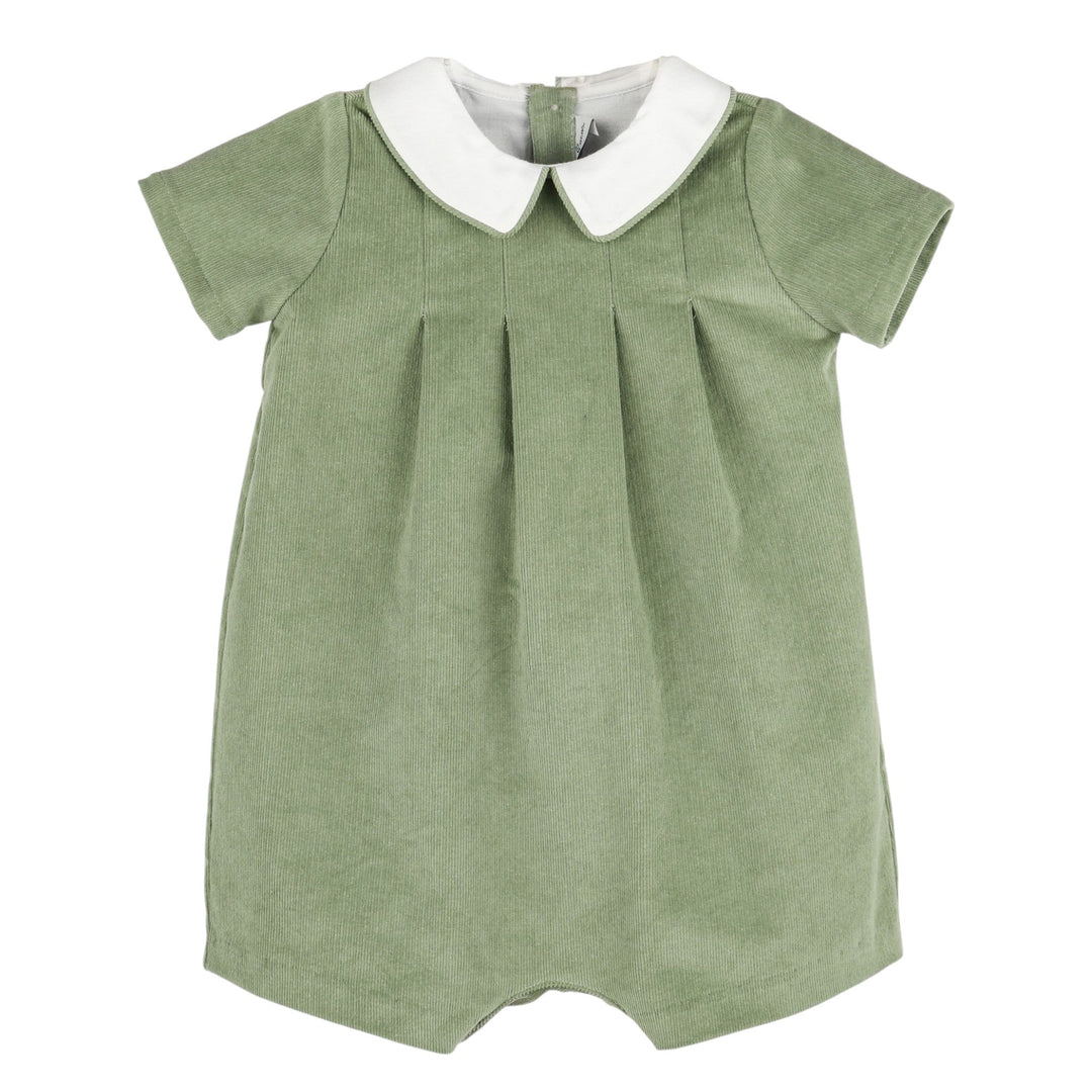 That Store green corduroy boys bubble with a white Peter Pan collar and pleated front for a classic heirloom look.