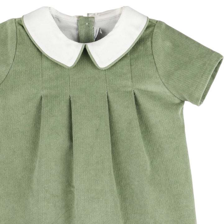 That Store boys green corduroy bubble with a white Peter Pan collar and pleated front detail