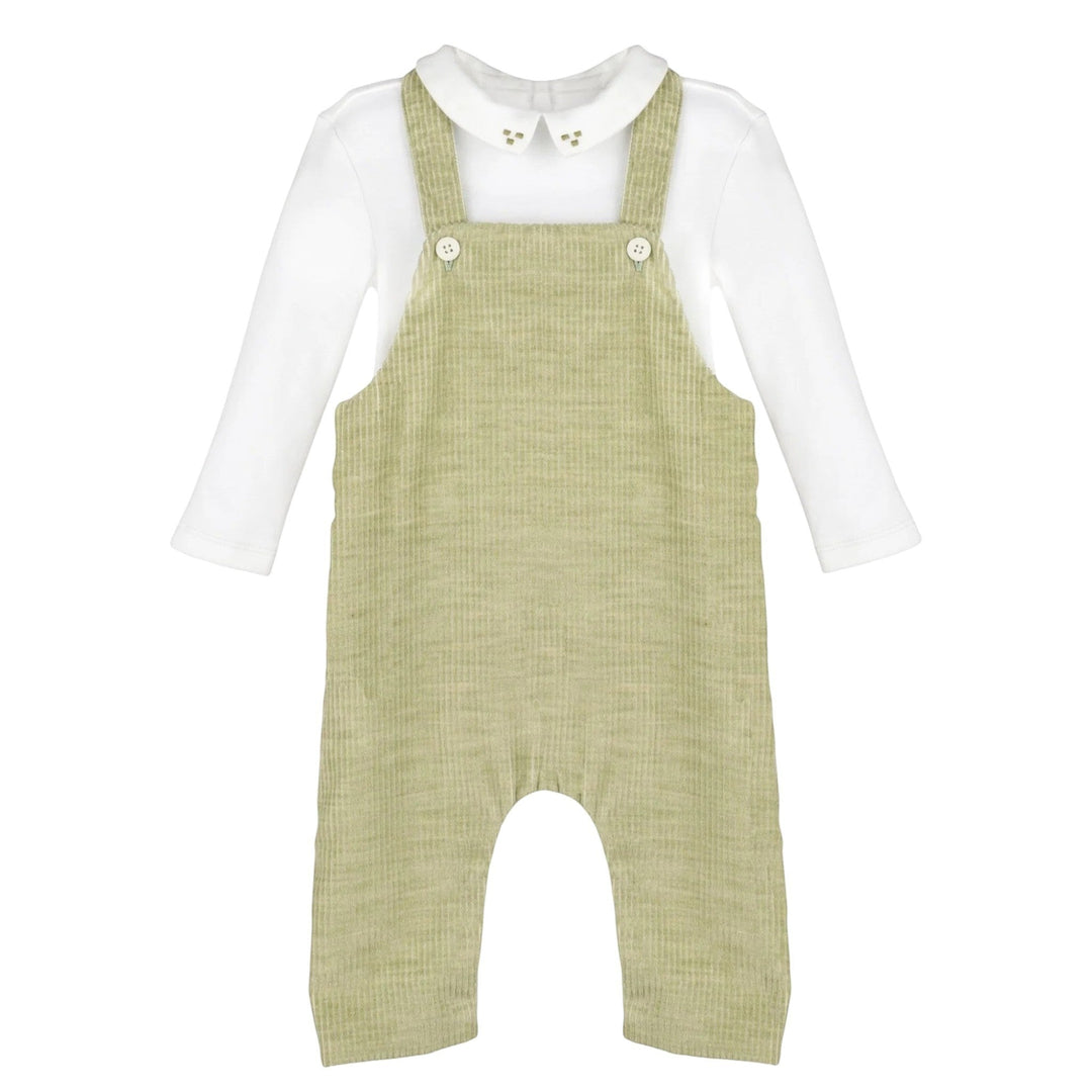 That Store green corduroy longall for boys with a white knit Peter Pan collar and button straps.