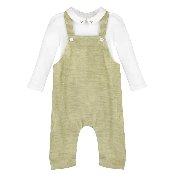 That Store green corduroy longall for boys with a white knit Peter Pan collar and button straps.