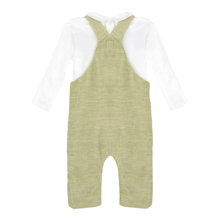That Store green corduroy longall for boys with a white long-sleeve shirt featuring a Peter Pan collar.