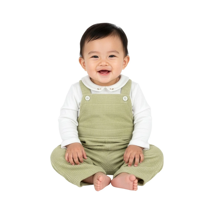 That Store green corduroy longall with a white knit Peter Pan collar worn by a smiling baby boy on a white background