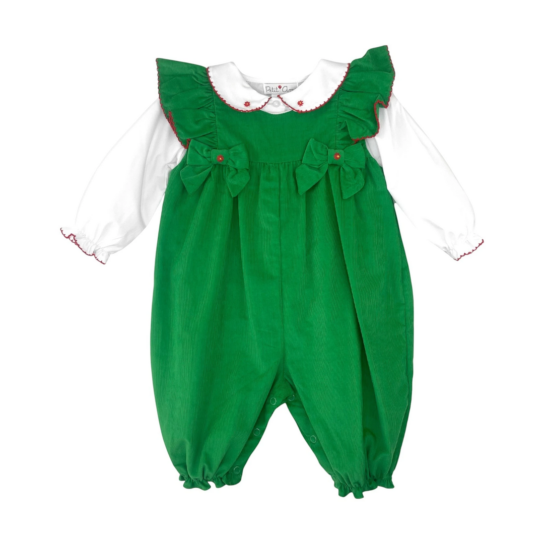 That Store green corduroy girls romper set with long sleeves, ruffle shoulders, bows, and white collared shirt.