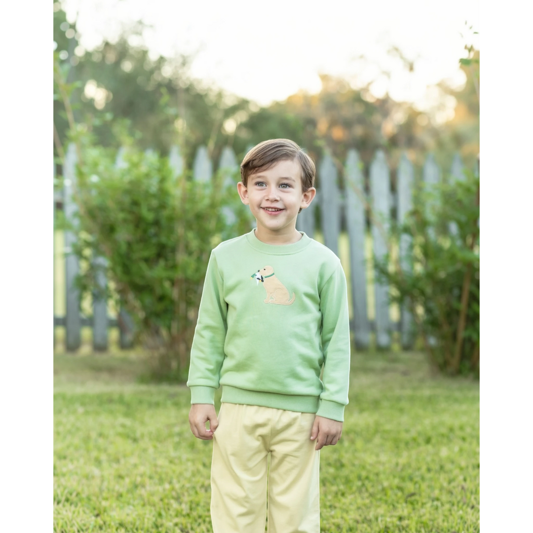 Young boy wearing a That Store green French terry pullover with a cute dog graphic, standing in a sunny garden.
