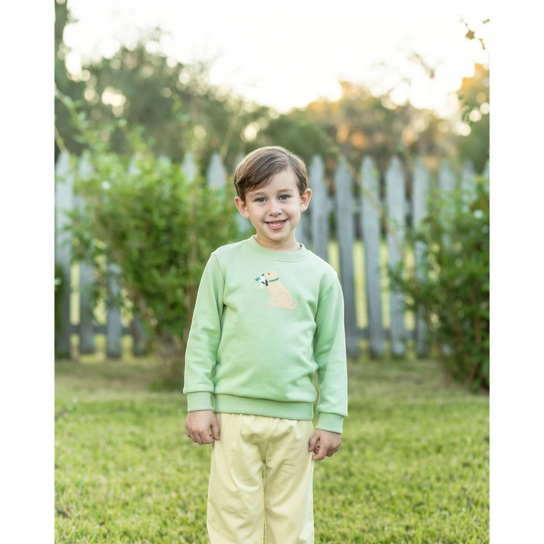 A young boy wearing a That Store green French terry pullover with a cute dog graphic, standing in a sunny garden.