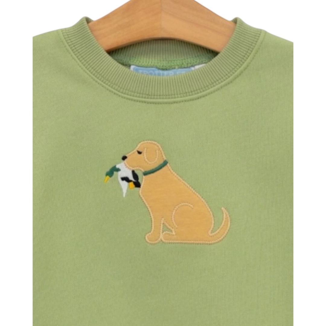 That Store green French terry boys pullover featuring a cute embroidered yellow dog holding a duck