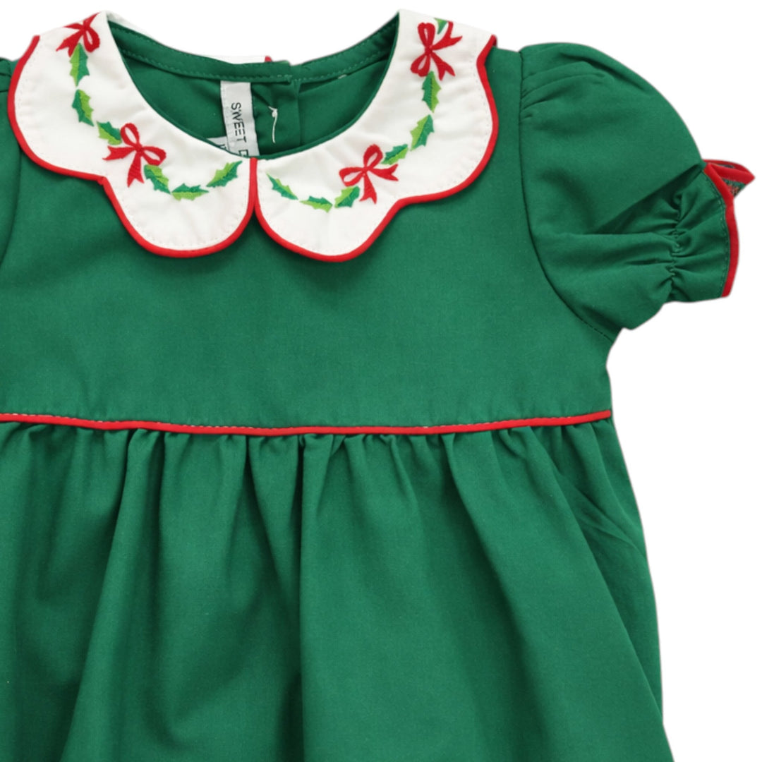 That Store girls green cotton bubble with a white scallop collar featuring red bow and holly embroidery