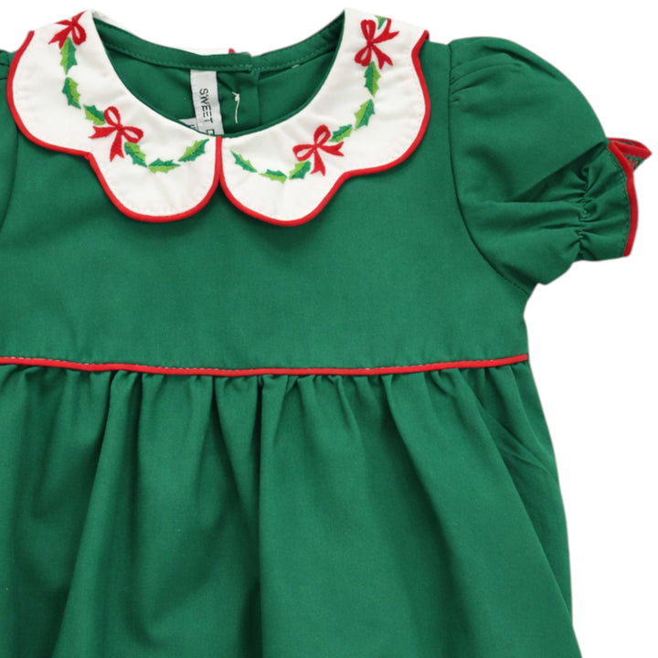 That Store girls green cotton bubble with a white scallop collar featuring red bow and holly embroidery