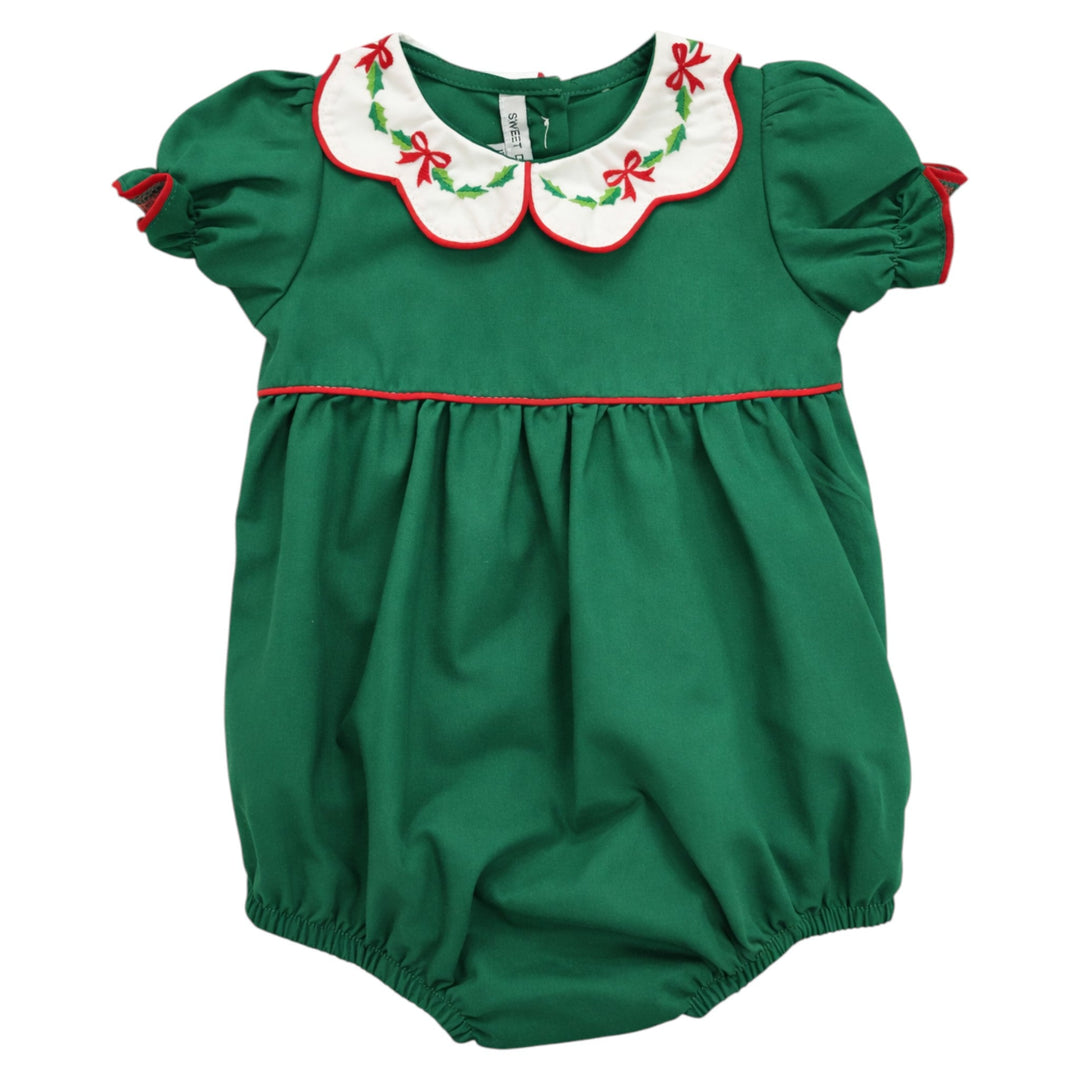 That Store girls green cotton bubble with a white scallop collar featuring red bow and holly embroidery for holidays.