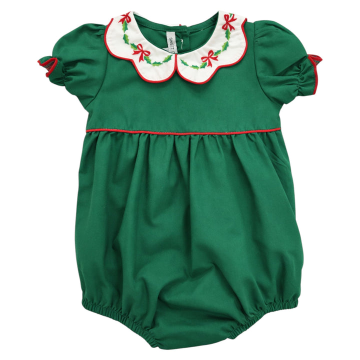 That Store girls green cotton bubble with a white scallop collar featuring red bow and holly embroidery for holidays.