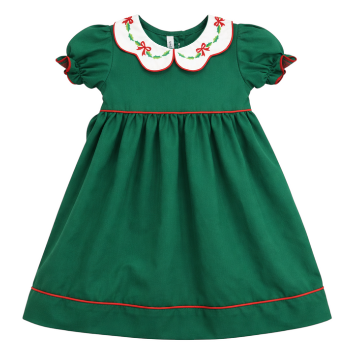 That Store girls green cotton dress featuring a white scallop collar with red bow and holly embroidery for Christmas.