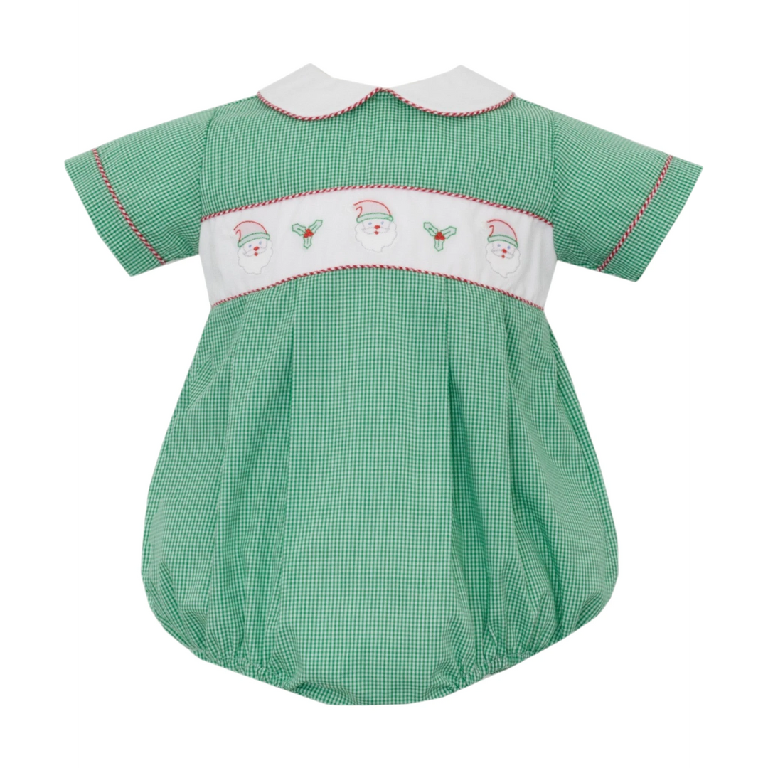 That Store green gingham check bubble romper for boys featuring an embroidered Santa face and holly design