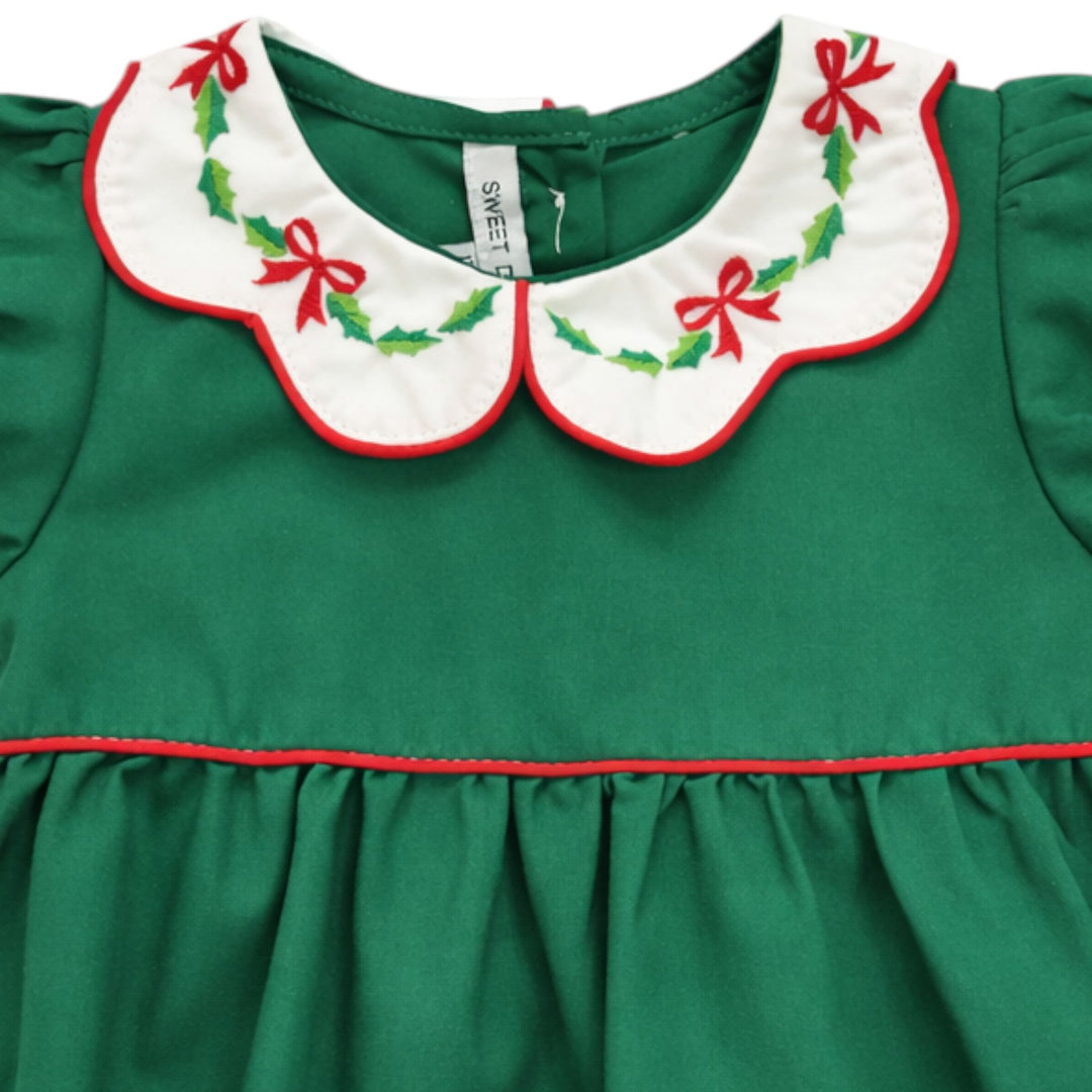 That Store girls green cotton bubble featuring a white scallop collar with red bow and holly embroidery